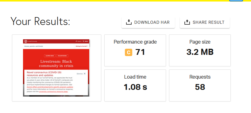 An example of Pingdom speed test results